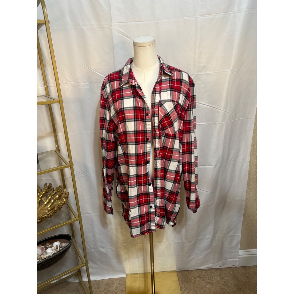 H&M Divided Red White Black Plaid Flannel Button Down Shirt Large Women